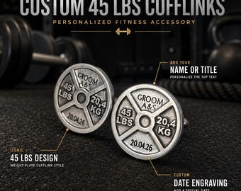 Personalized Weight Plate Cufflinks 45lbs, Custom Gym Cufflinks with Initials, Name or Date, Fitness Gift for Him · Wod & Fit