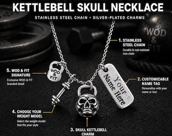 Personalized Skull Gym Necklace, Kettlebell Fitness Pendant, Motivation Necklace, Custom Lifter Gift  - Gym Jewels -  Gym Gift - Wod & Fit