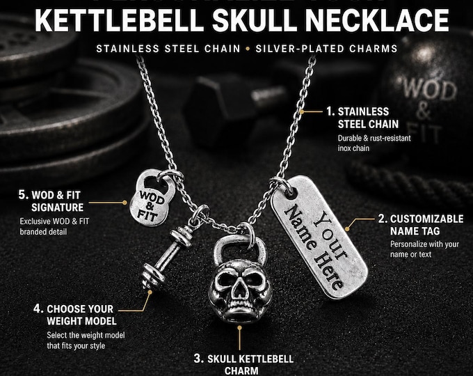 Personalized Skull Gym Necklace, Kettlebell Fitness Pendant, Motivation Necklace, Custom Lifter Gift  - Gym Jewels -  Gym Gift - Wod & Fit