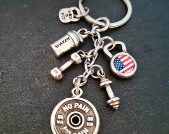 Fitness Keychain with National Flag Kettlebell, Dumbbell Motivational Plate - Shaker – Gym Gift Idea· Fitness jewels · Gym Gifts ·Wod & Fit