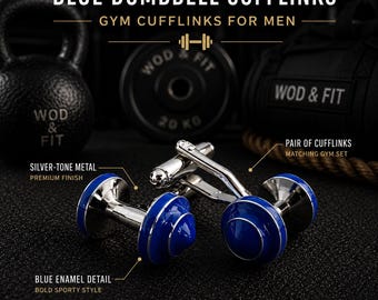 Blue dumbbell gym cufflinks for men, elegant fitness gift for lifter, coach, bodybuilder, boyfriend, husband or gym lover · Wod & Fit
