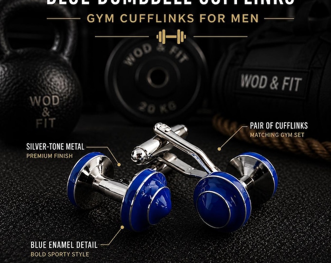 Blue dumbbell gym cufflinks for men, elegant fitness gift for lifter, coach, bodybuilder, boyfriend, husband or gym lover · Wod & Fit