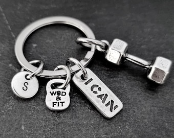 Gym Keyring I Can I Will Dumbbell Initial · Gym Gifts · weight loss · best friend gifts · best friends · anniversary gifts · Sport·Wod & Fit
