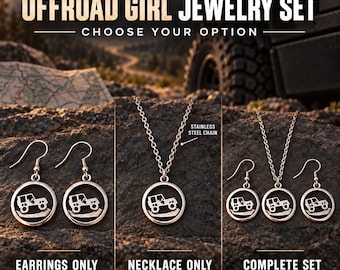 Offroad Girl necklace and earrings set, 4x4 adventure jewelry gift for women, truck lover, outdoor girl or mud lover