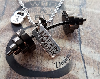 Necklace Power Clean Workout Barbell All Black Gun & Motivational Word Bodybuilding,Gym Gift,Barbell Jewelry,Weight Lifting,Fitness Jewelry