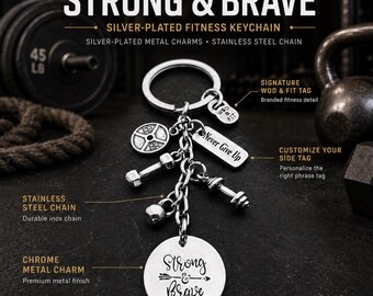 Keychain Strong & Brave,Dumbbell,Barbell,Kettlebell Your Motivational Word.Gym Gift,Bodybuilding,Fitness, Fitness Gift,Fit Mom, Fit Girl,Wod