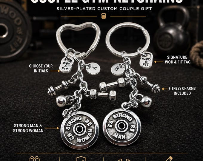 Strong Couple Keychain Set, Matching Fitness Keychains, Gym Gift for Him Her, Personalized Workout Partner Gift - anniversary gift Wod & Fit