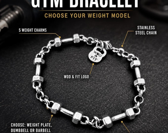 Gym Bracelet with Weight Charms, Fitness Jewelry Gift, Workout Bracelet for Gym Lover and Lifter Wod & Fit
