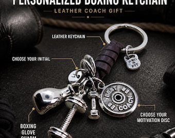 Personalized Brown Leather Boxing Glove Keychain, Boxer Gift with Initial and Motivational Charm, Coach and Fighter Keepsake - Wod & Fit