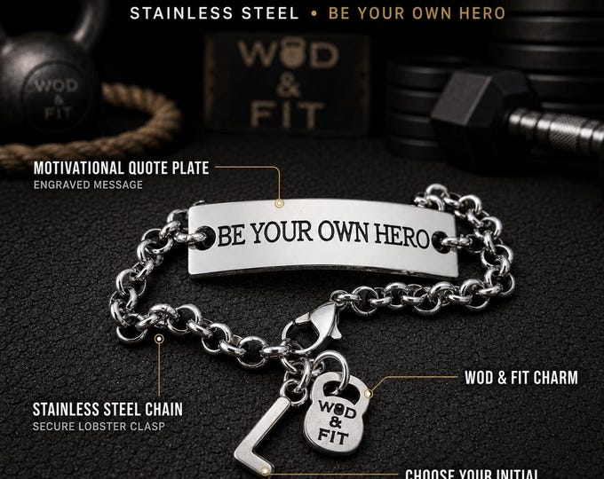 Be Your Own Hero initial bracelet for women, personalized motivational gift for friend, sister, mom, daughter or loved one  Wod & Fit