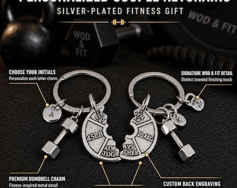 Personalized Couple Gym Keychains with Round Initials and Back Engraving, Always Together Workout Partner Gift Wod & Fit