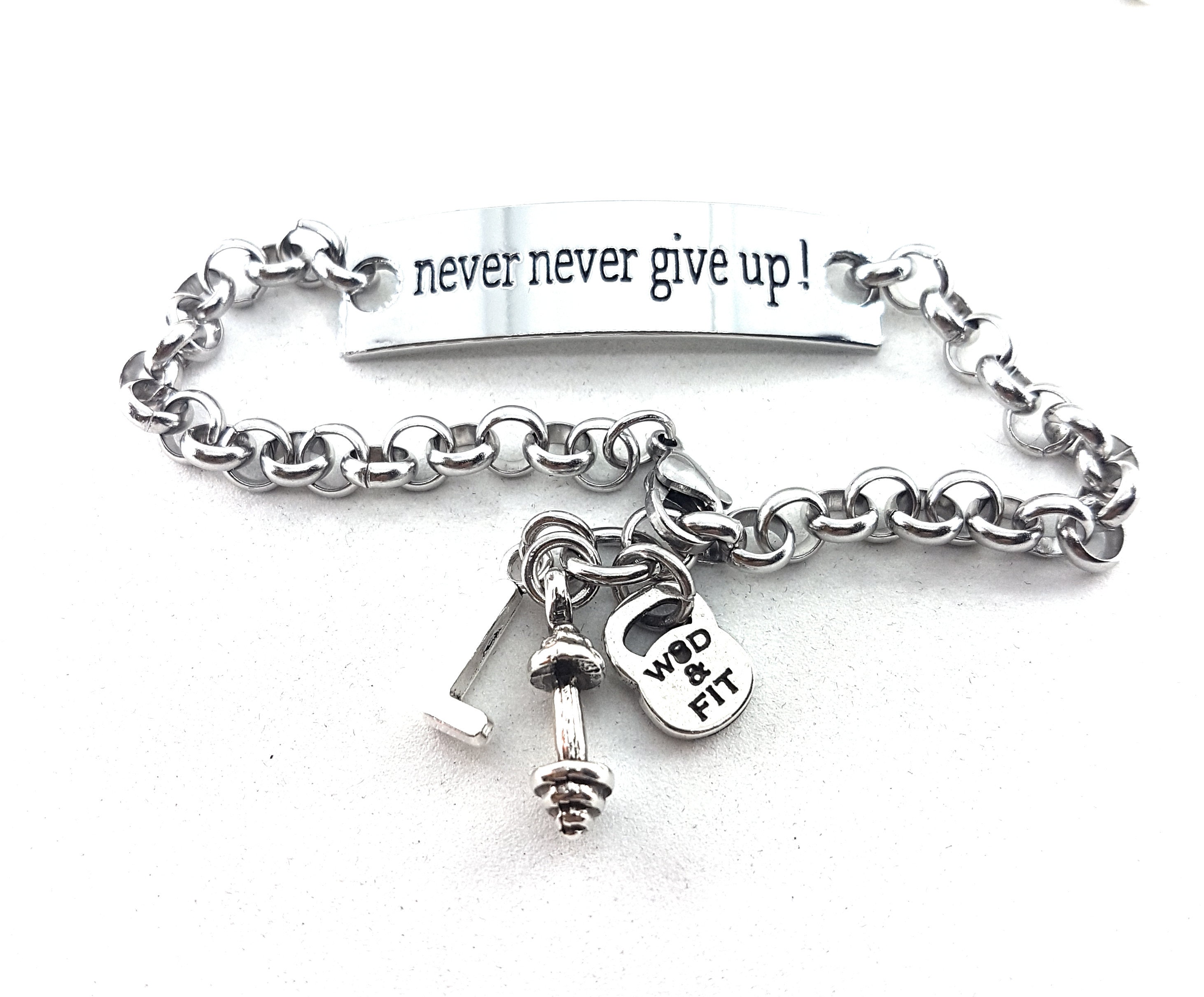  Never Give Up pulsera, Pesas, mancuernas pulsera, joyería  personalizada joyas, pulsera de fitness, ejercicio, metal pulsera : Todo lo  demás