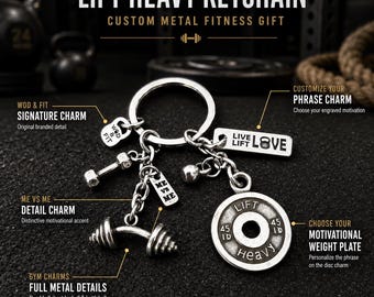 Personalized Gym Keychain, Fitness Motivation Gift with Bent Barbell, Dumbbell and Custom Plate - Fitness gifts - Wod & Fit