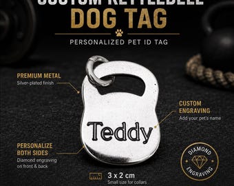 Custom Kettlebell Pet Tag, Fitness Dog ID Tag, Personalized Dog Name Tag 3x2 cm, Gym Dog Lover Gift, Engraved Pet Tag Wod & Fit