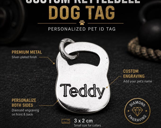 Custom Kettlebell Pet Tag, Fitness Dog ID Tag, Personalized Dog Name Tag 3x2 cm, Gym Dog Lover Gift, Engraved Pet Tag Wod & Fit