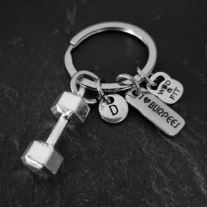 I Love Burpees Gym Schlüsselanhänger, Hantel und Initiale, Fitness Schmuck, Fitness Schlüsselanhänger, Bodybuilding, Gym Geschenk, Cross Training, Wod & Fit