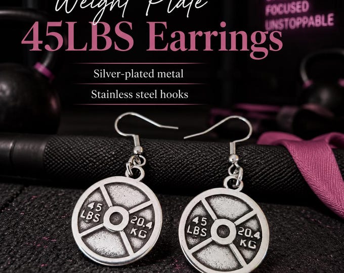 Weight plate gym earrings with 45lbs, 25lbs or 45lbs plus 25lbs option, fitness gift for women, lifter or athlete Wod & Fit