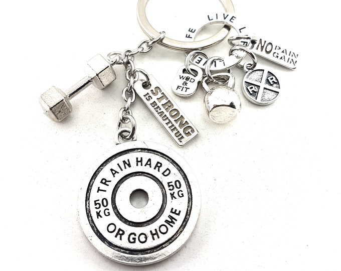Gym Custom Keychain Train Hard or Go Home No Pain No Gain· Kelly Workout Gift · Personalized Gift · Weight Lifting · Crosstraining Wod & Fit