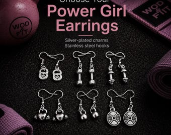 Girl Power gym earrings for women, motivational fitness gift for fit girls, gym girls, athletes, coaches or workout friends · Wod & Fit