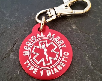 Emergency Medical Alert Custom Engraved Aluminum Round 32mm NO LASER - Medical Alert Keychain - Diabetes - Allergy - Medical Condition Info