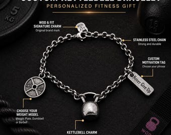 Personalized kettlebell fitness bracelet, custom gym gift for women, gym girl, fit mom, athlete, coach or trainer Wod & Fit