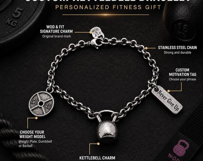 Personalized kettlebell fitness bracelet, custom gym gift for women, gym girl, fit mom, athlete, coach or trainer Wod & Fit