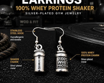 Kolczyki z shakerem do ćwiczeń z białkiem serwatkowym dla kobiet, biżuteria fitness, fajna biżuteria sportowa, oryginalny prezent dla sportowców, podnosicieli ciężarów lub trenerów · Wod & Fit