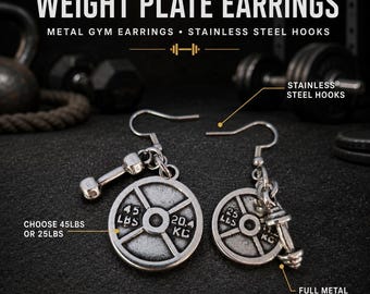 Pendientes Gym Weight Plate y Dumbbell, Regalo Fitness para Mujer, Aretes Gimnasio con Disco de Peso y Mancuerna Hex Wod & Fit