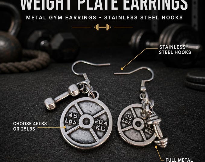 Gym Earrings Weight Plate and Dumbbell, Fitness Gift for Women, Weightlifting Jewelry, Workout Earrings for Gym Lovers · Girl Gift·Wod & Fit