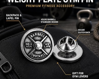 Gym enamel pin with weight plate and barbell, fitness pin gift for lifter, weightlifter, coach, trainer or gym lover · Wod & Fit