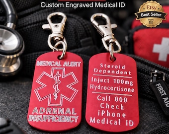 Medical Alert Keycahin Personalized Engraved Aluminum 50x30 - Medical ID Tag, Emergency Med Alert Keychain  ICE Medical Information Tag