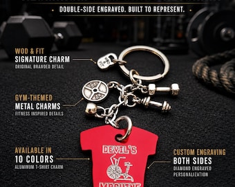 Personalized Gym T Shirt Keychain, Custom Fitness Gift for Coach, Athlete, Boyfriend, Girlfriend or Gym Lover Wod & Fit
