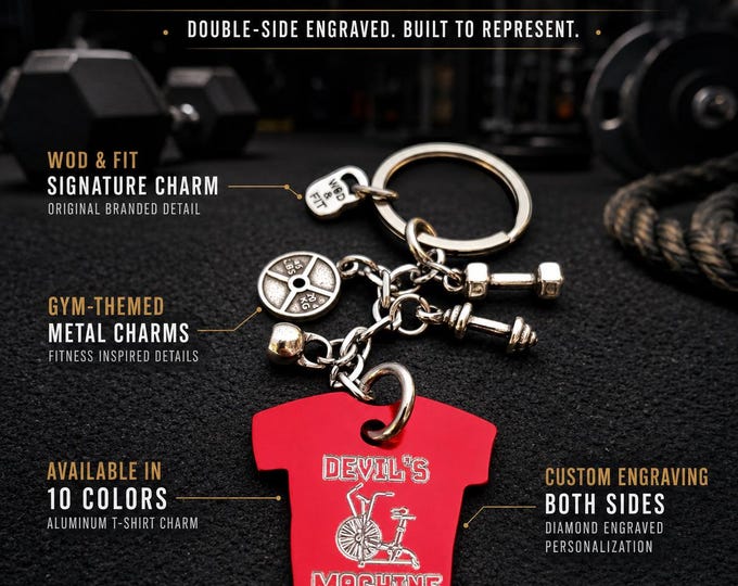 Personalized Gym T Shirt Keychain, Custom Fitness Gift for Coach, Athlete, Boyfriend, Girlfriend or Gym Lover Wod & Fit