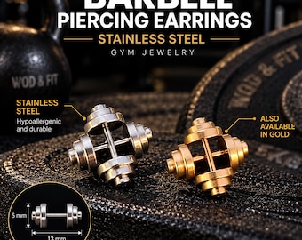 Örhängen med skivstångspiercing i gymstil, fitnesspresent till män eller kvinnor, idrottare, tyngdlyftare, kroppsbyggare eller styrkeentusiaster. Wod & Fit