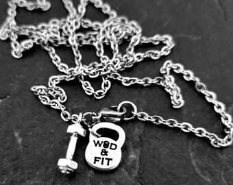 Gym Necklace Silver Dummbell Workout Bodybuilding Workout Gift · Fitness Gift ·Weight lifting · Pendant necklace · Dumbbeel Gym · Wod & Fit