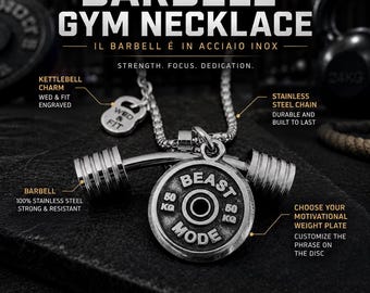 Barbell Gym Necklace with Motivational Weight Plate, Fitness Gift for Weightlifting, Bodybuilding and Strength Training Wod & Fit