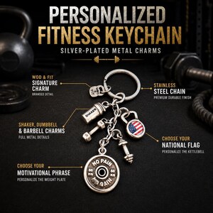 May include: A silver-plated metal keychain featuring fitness-themed charms including a kettlebell with a US flag design, a shaker bottle, two dumbbells, and a weight plate charm engraved with the text NO PAIN NO GAIN and 50 KG on both sides.
