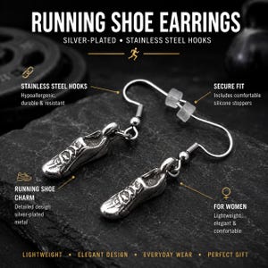 May include: A pair of silver-plated running shoe earrings with stainless steel hooks and clear silicone stoppers. The text on the image reads RUNNING SHOE EARRINGS, SILVER-PLATED, STAINLESS STEEL HOOKS, STAINLESS STEEL HOOKS, SECURE FIT, RUNNING SHOE CHARM, and FOR WOMEN.