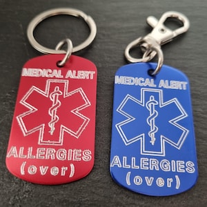 Medical Alert Keycahin Personalized Engraved Aluminum 50x30 - Medical ID Tag, Emergency Med Alert Keychain ICE Medical Information Tag image 8