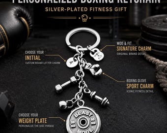 Personalized Boxing Keychain, Boxing Glove Gift for Boxer, Motivation Keyring with Initial Wod & Fit