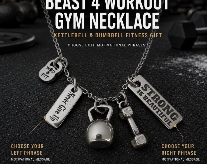 Gym necklace with kettlebell and dumbbell, 2 motivational quotes, custom unisex fitness gift for lifter, athlete or gym lover  Wod & Fit
