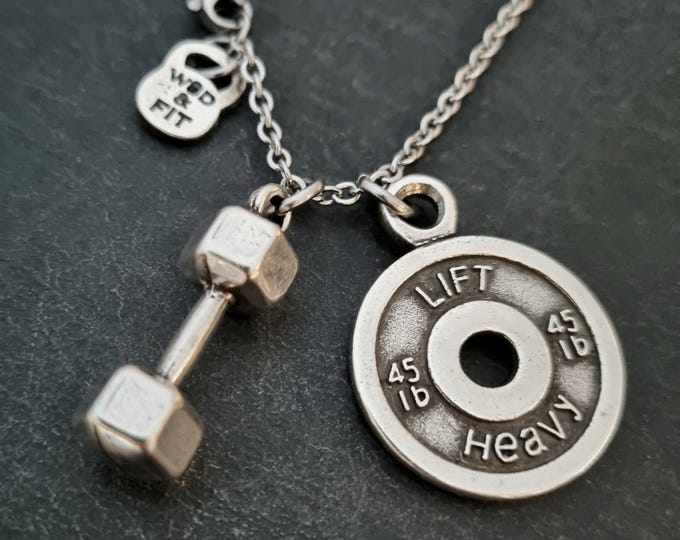 Gym Necklace Dumbbell and Weight Plate · Gym Necklace · Boyfriend Gift · Fitness Jewels · Coach Gift · Girlfriend Gift · BFF Gifts Wod & Fit