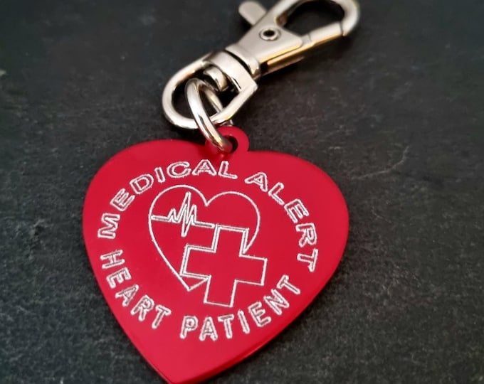 Emergency Medical Alert Heart Patient Custom Heart Medical Alert Keychain Tag - 10 Colors for Bags & First Aid Heart Condition · Pacemaker