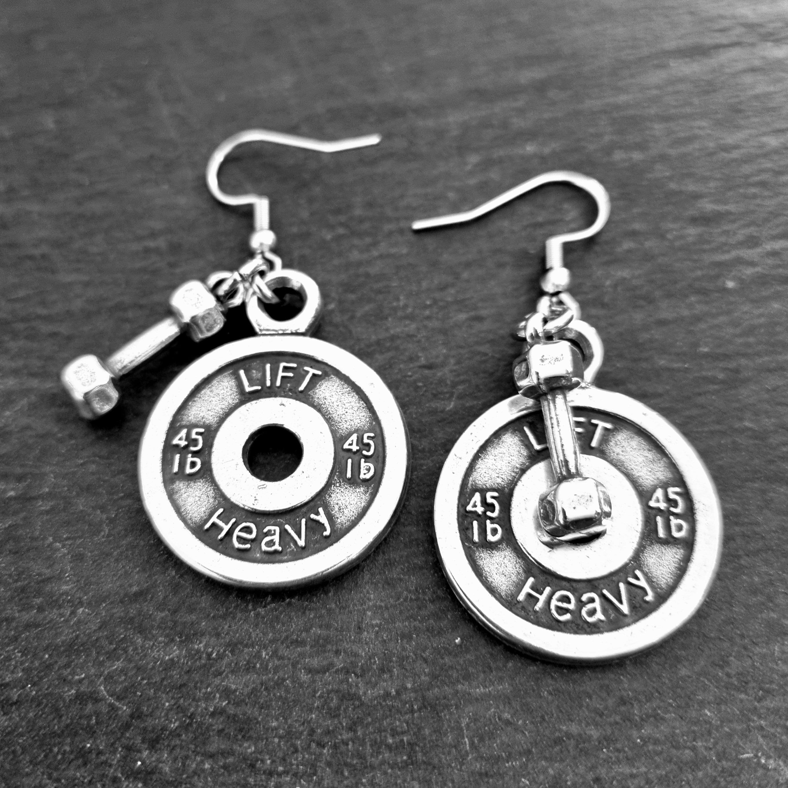 Gym Earrings Lift Heavy Weight Plate 45lbs Dumbbell- Weight lifting ·  Fitness - sports earrings - Barbell Earrings - Bodybuilding Wod & Fit