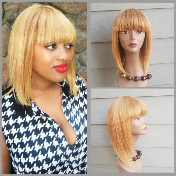 Ready To Ship Blonde And Light Brown 100 Human Hair Full Wig With Chinese Bangs