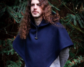 Viking Skjoldehamn Wool Hooded Shawl, Medieval Garb • Midnight Blue