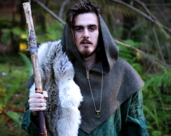 Viking Skjoldehamn Wool Hood, Medieval Garb • Moss Green
