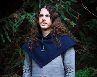 Viking Skjoldehamn Wool Hood, Medieval Garb • Midnight Blue