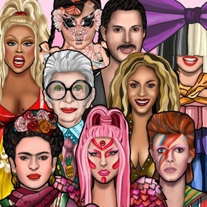 May include: A digital illustration of ten people with different hairstyles and makeup. The people are wearing colorful clothing and accessories. The illustration is in a cartoon style.