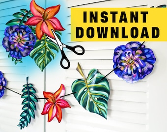 Afdrukbare jungleslinger: doe-het-zelf slinger met bloemen en monsterabladeren (pdf-bestand)